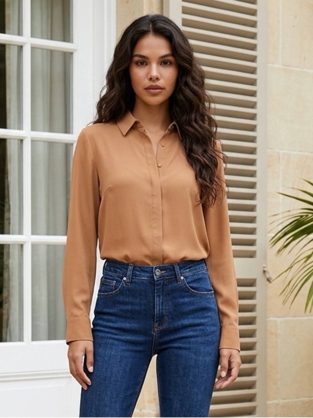 Express Portofino Shirt Small Camel Tan Button Down Blouse Long Sleeve Career